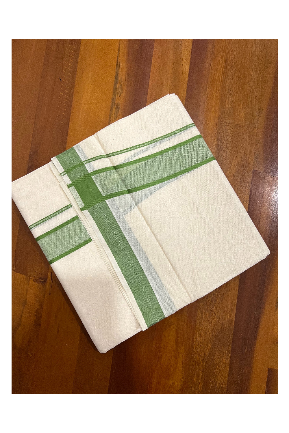 Off White Pure Cotton Double Mundu with Green Border (South Indian Kerala Dhoti)