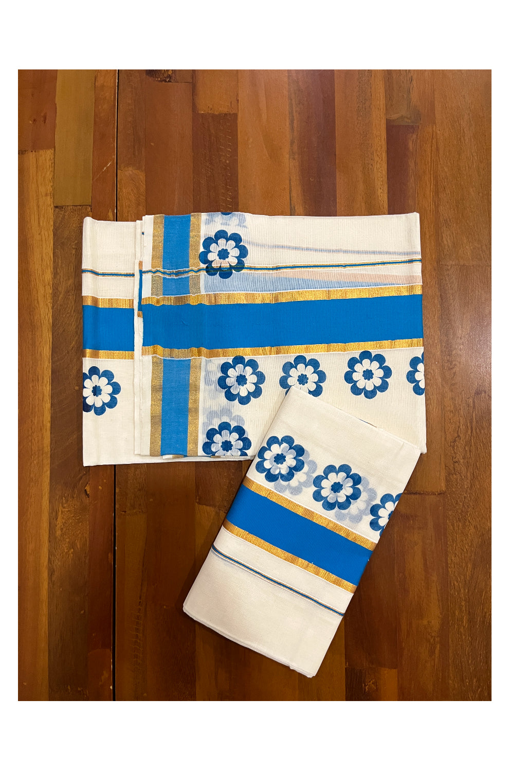 Pure Cotton Kasavu Single Set Mundu (Mundum Neriyathum Onam 2023) with Blue Floral Block Prints