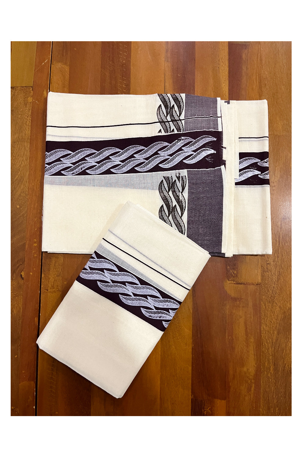 Kerala Cotton Set Mundu (Mundum Neriyathum) with White Block Prints in Brown Border