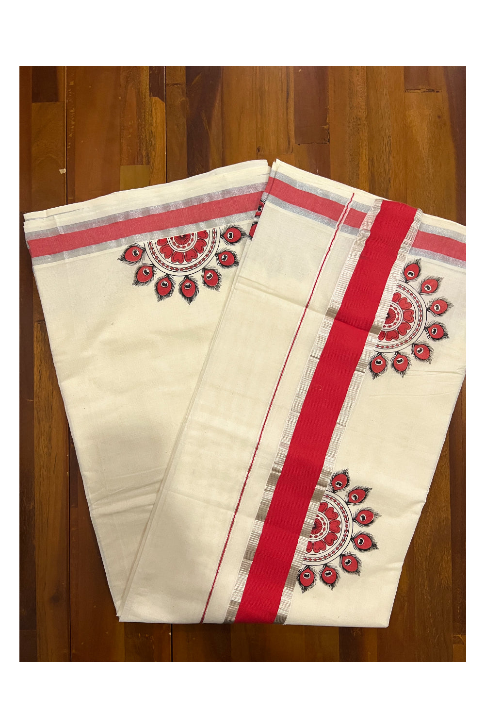 Pure Cotton Kerala Saree with Mural Printed Red Feather Semi Circle in Red and Silver Kasavu Border