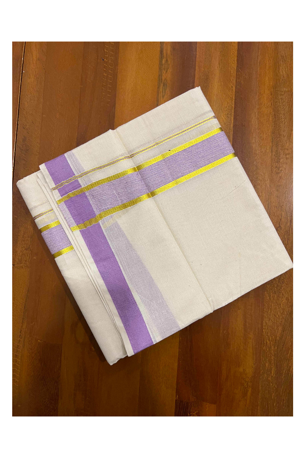 Off White Kerala Double Mundu with Kasavu and Violet Border (South Indian Dhoti)