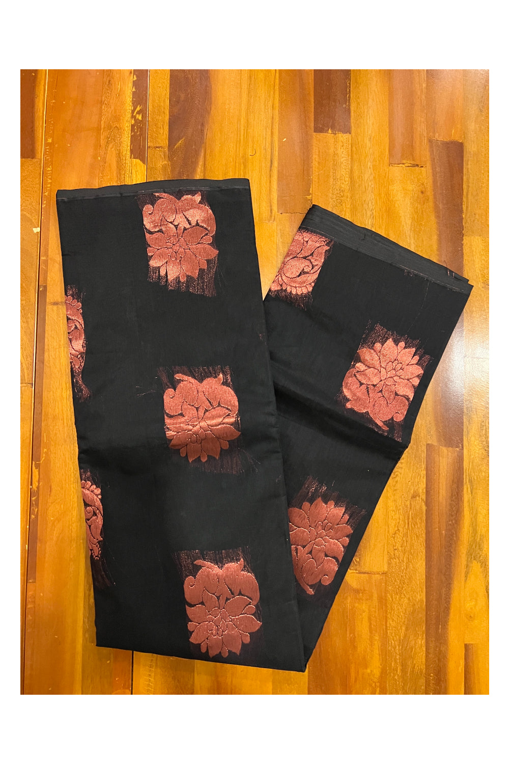 Southloom Black Cotton Silk Saree with Copper Kasavu Woven Works on Body