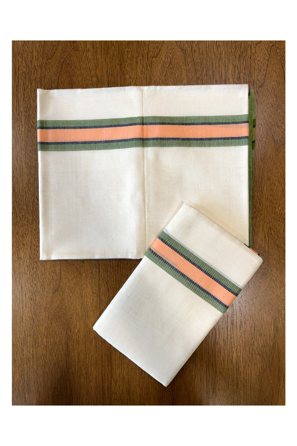 Kerala Cotton Mulloth Mundum Neriyathum Single (Set Mundu) with Green and Peach Border (Extra Soft Cotton) 2.80 Mtrs