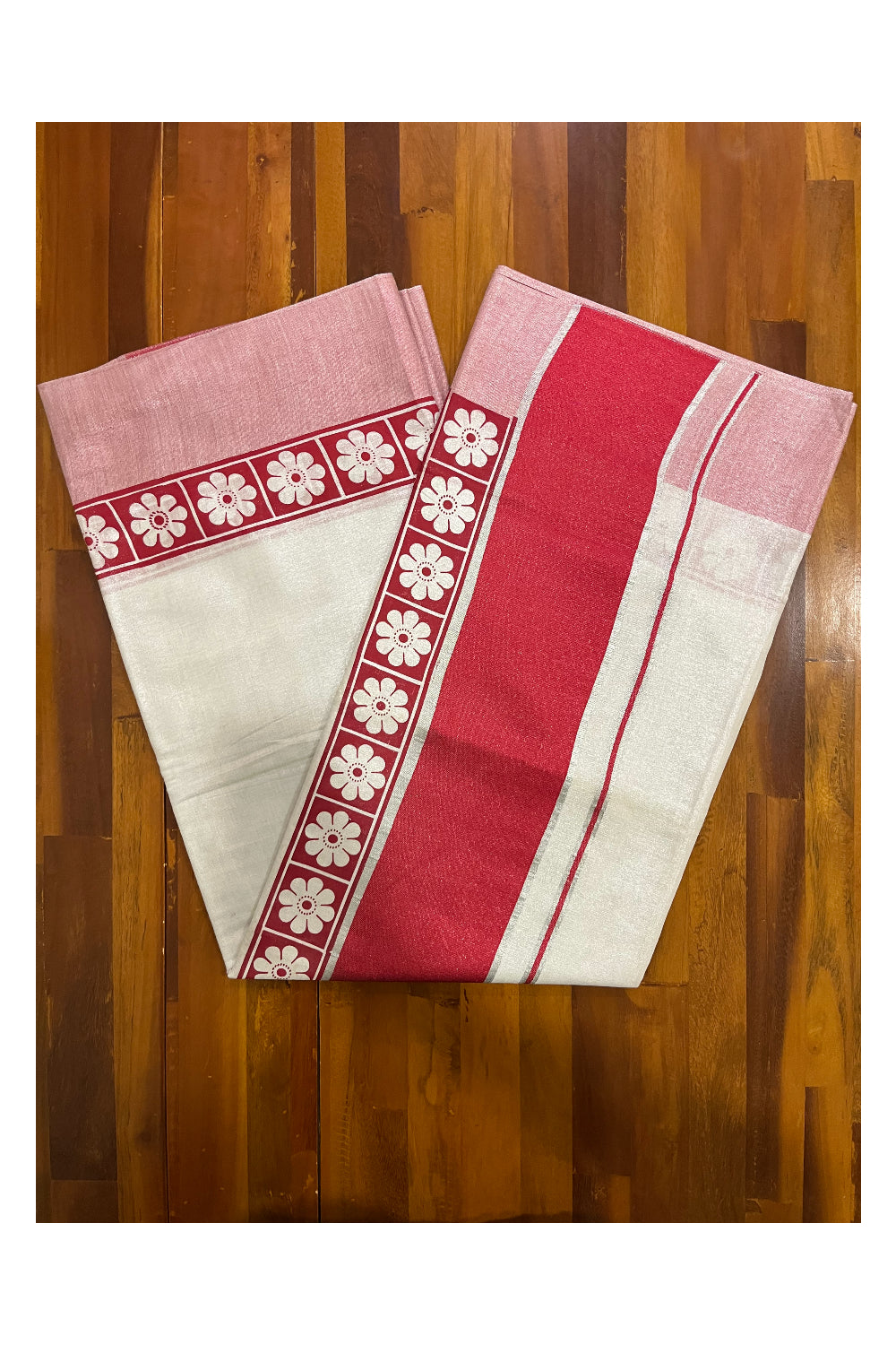 Kerala Silver Tissue Kasavu Red Floral Block Printed Saree