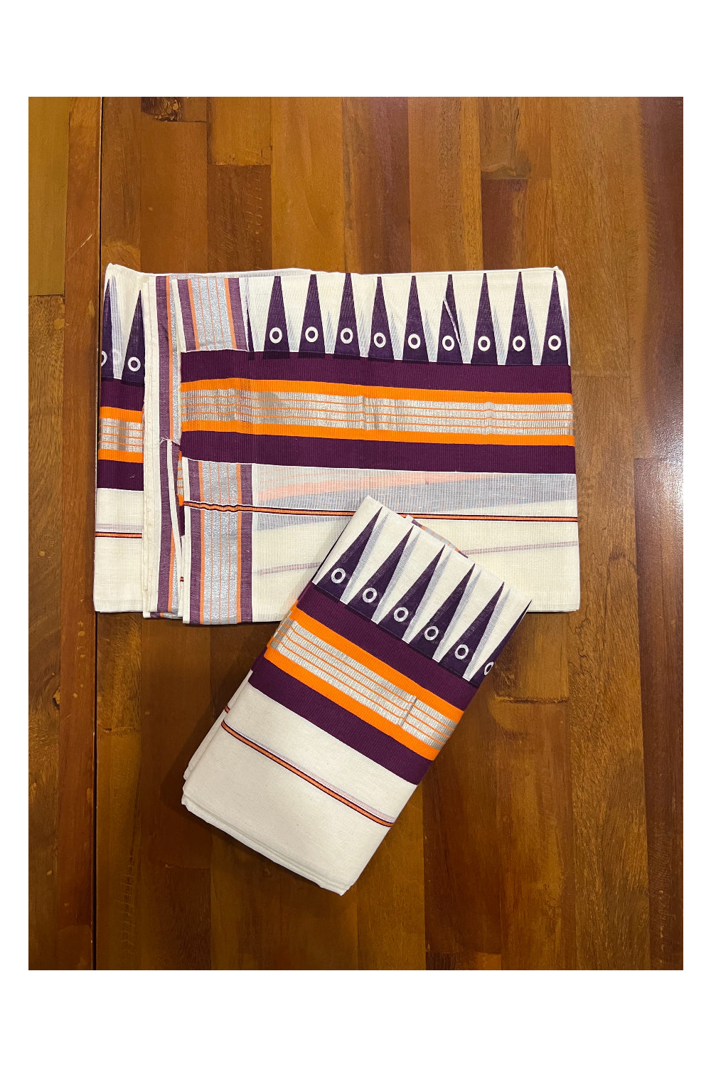 Kerala Cotton Set Mundu (Mundum Neriyathum) with Purple Temple Block Prints and Silver Orange Border