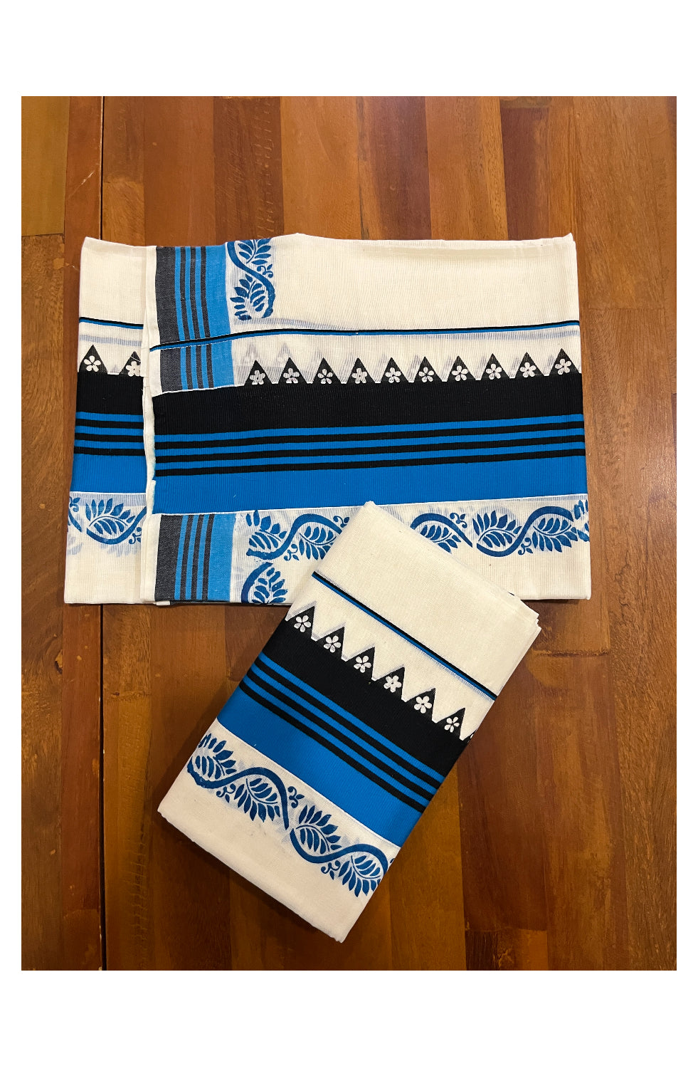 Kerala Cotton Set Mundu (Mundum Neriyathum) with Floral Prints on Blue Black Border