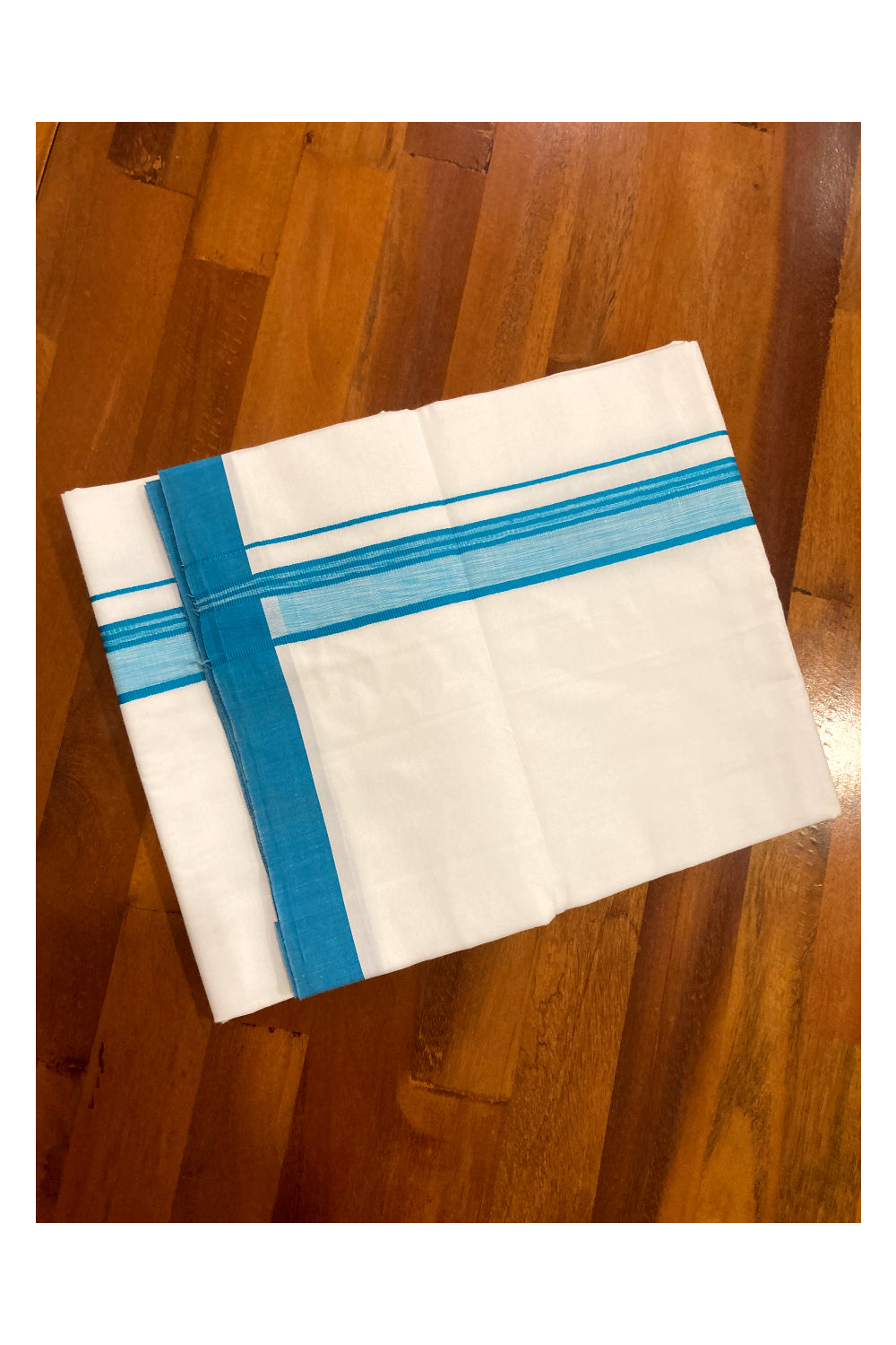 Pure White Cotton Double Mundu with Light Blue Border (South Indian Dhoti)