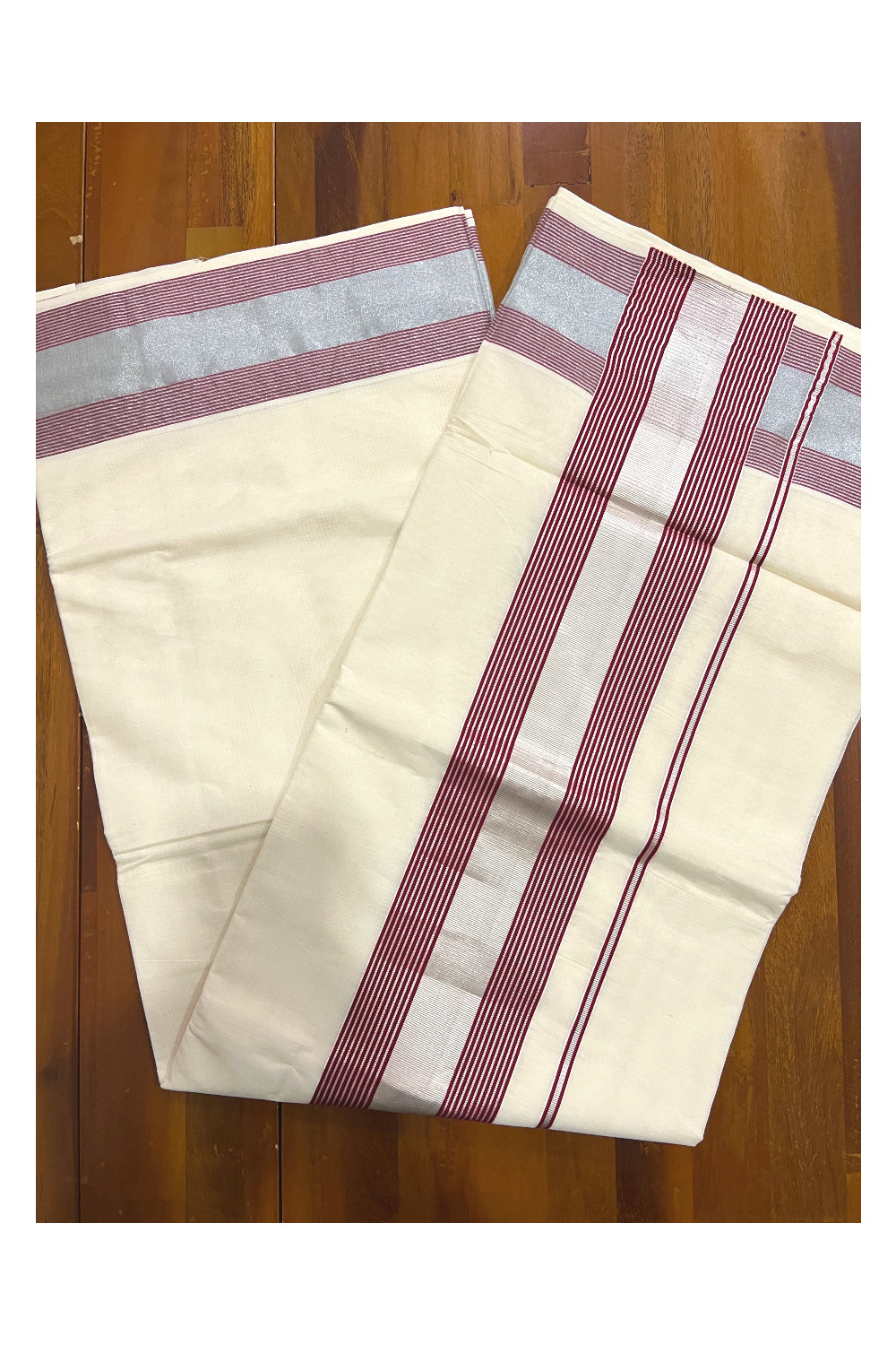 Pure Cotton Kerala Saree with Silver Kasavu and Maroon Line Border