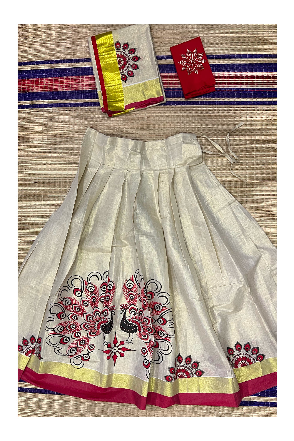 Kerala Tissue Semi Stitched Dhavani Set with Red Blouse Piece and Neriyathu with Mural Works