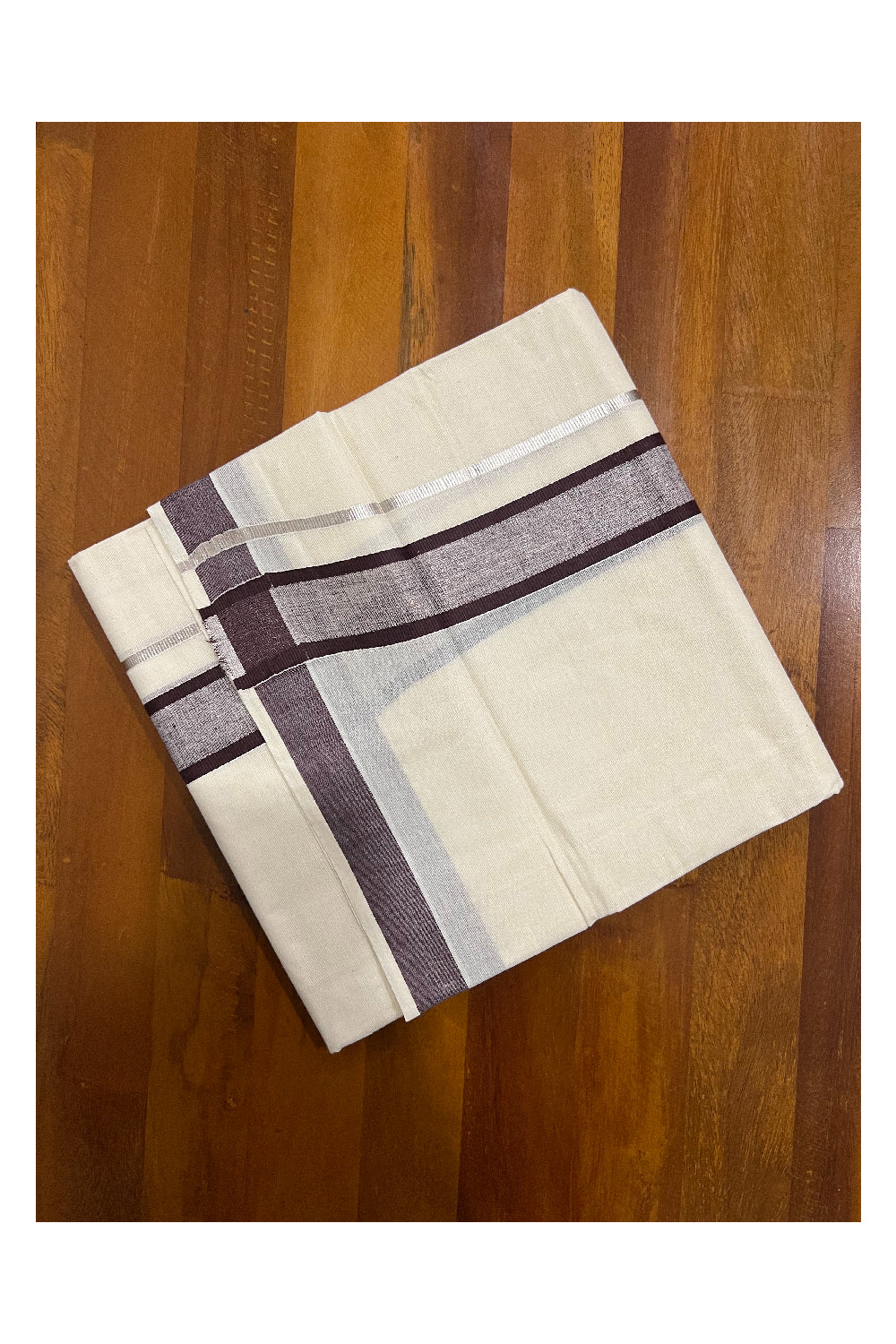 Pure Cotton Off White Double Mundu with Silver Kasavu and Dark Brown Border (South Indian Dhoti)