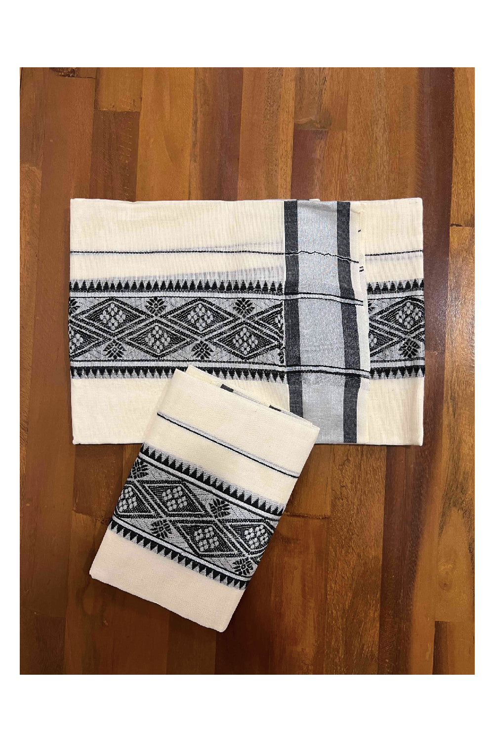 Kerala Cotton Set Mundu (Mundum Neriyathum) with Black and Silver Woven Border