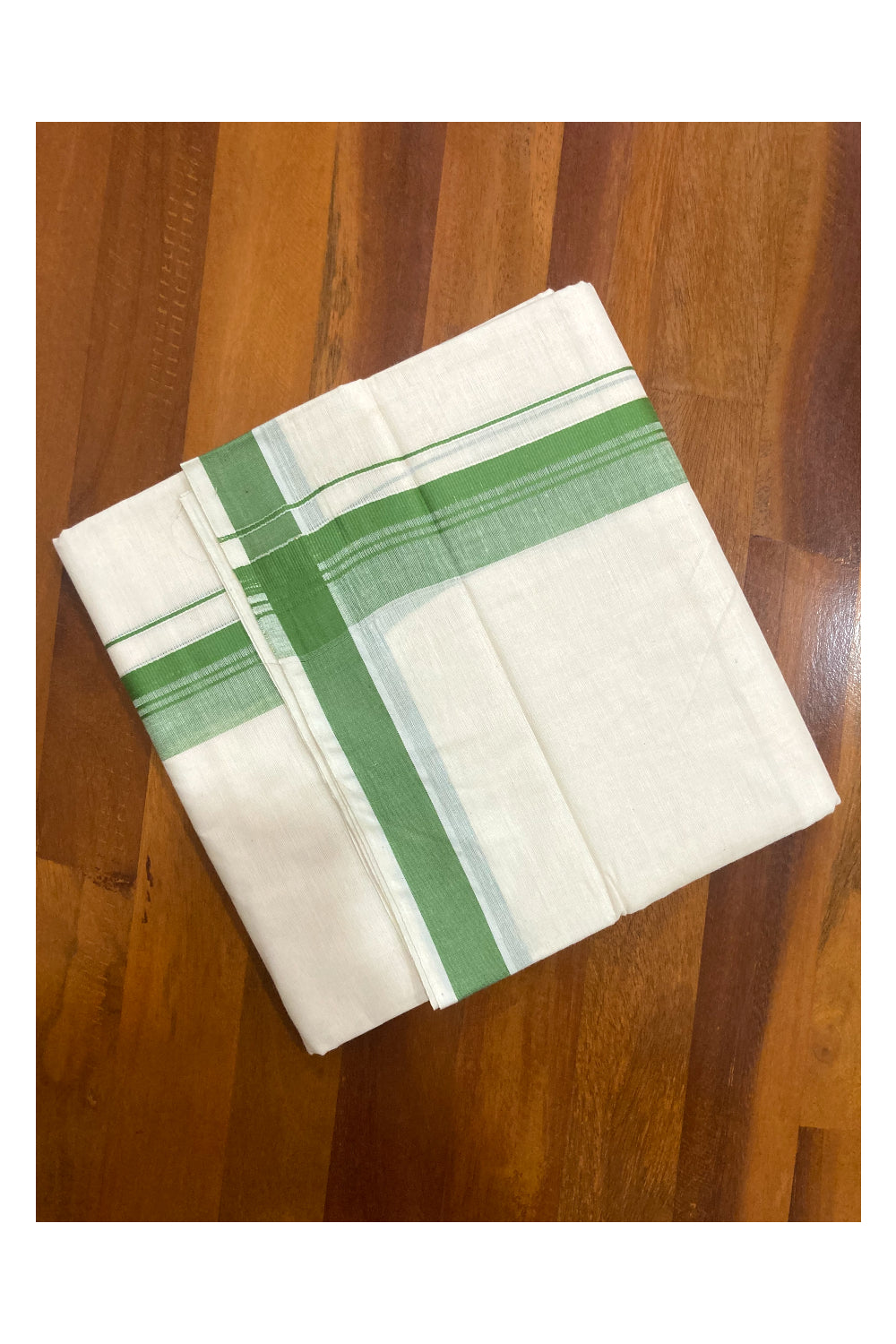 Off White Pure Cotton Double Mundu with Green Border (South Indian Dhoti)