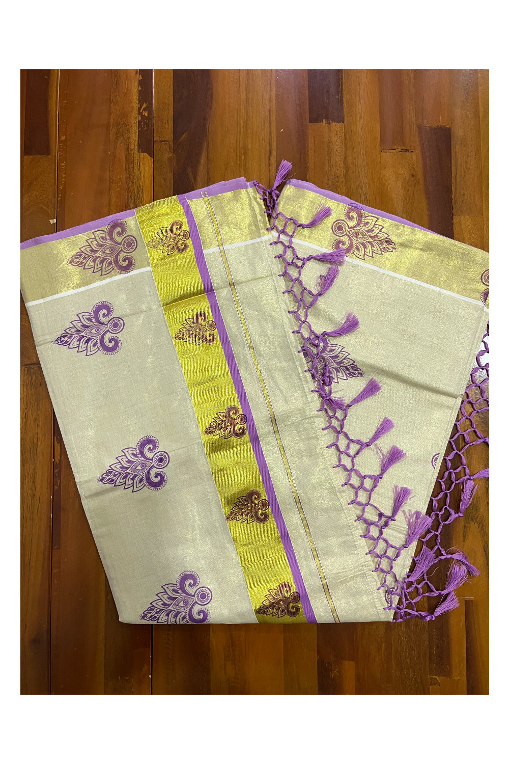 Kerala Tissue Kasavu Saree with Violet Block Printed Design and Tassels Work on Pallu