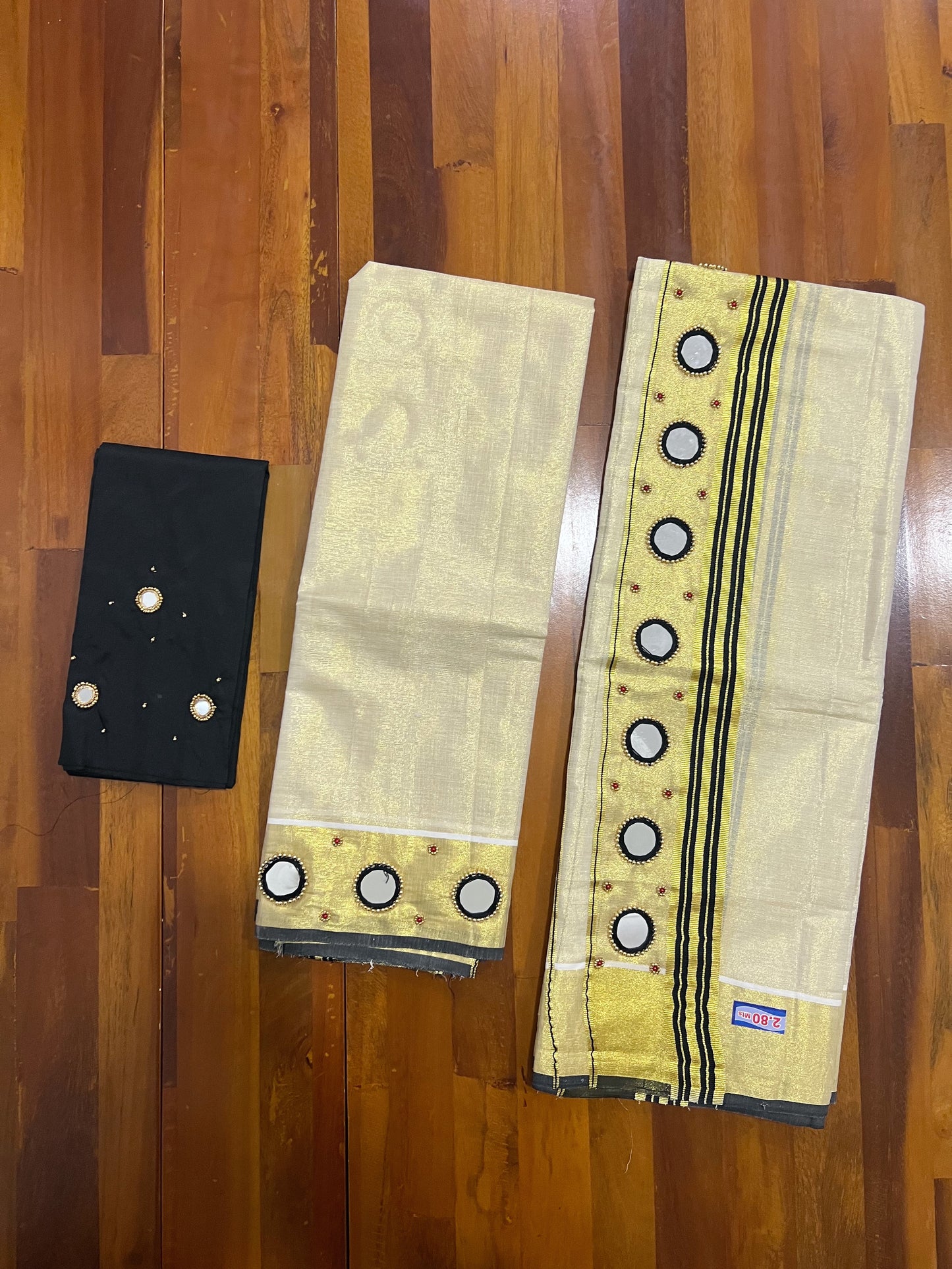 Kerala Tissue Kasavu Set Mundu (Mundum Neriyathum) with Black Border and Mirror Bead Handwork Design 2.80 Mtrs (Include Blouse Piece)