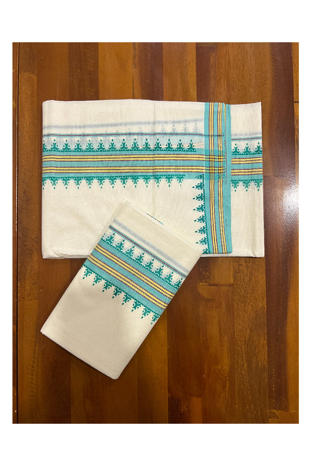 Kerala Cotton Mulloth Mundum Neriyathum Single (Set Mundu) with Turquoise Temple Block Prints on Yellow and Turquoise Border (Extra Soft Cotton)