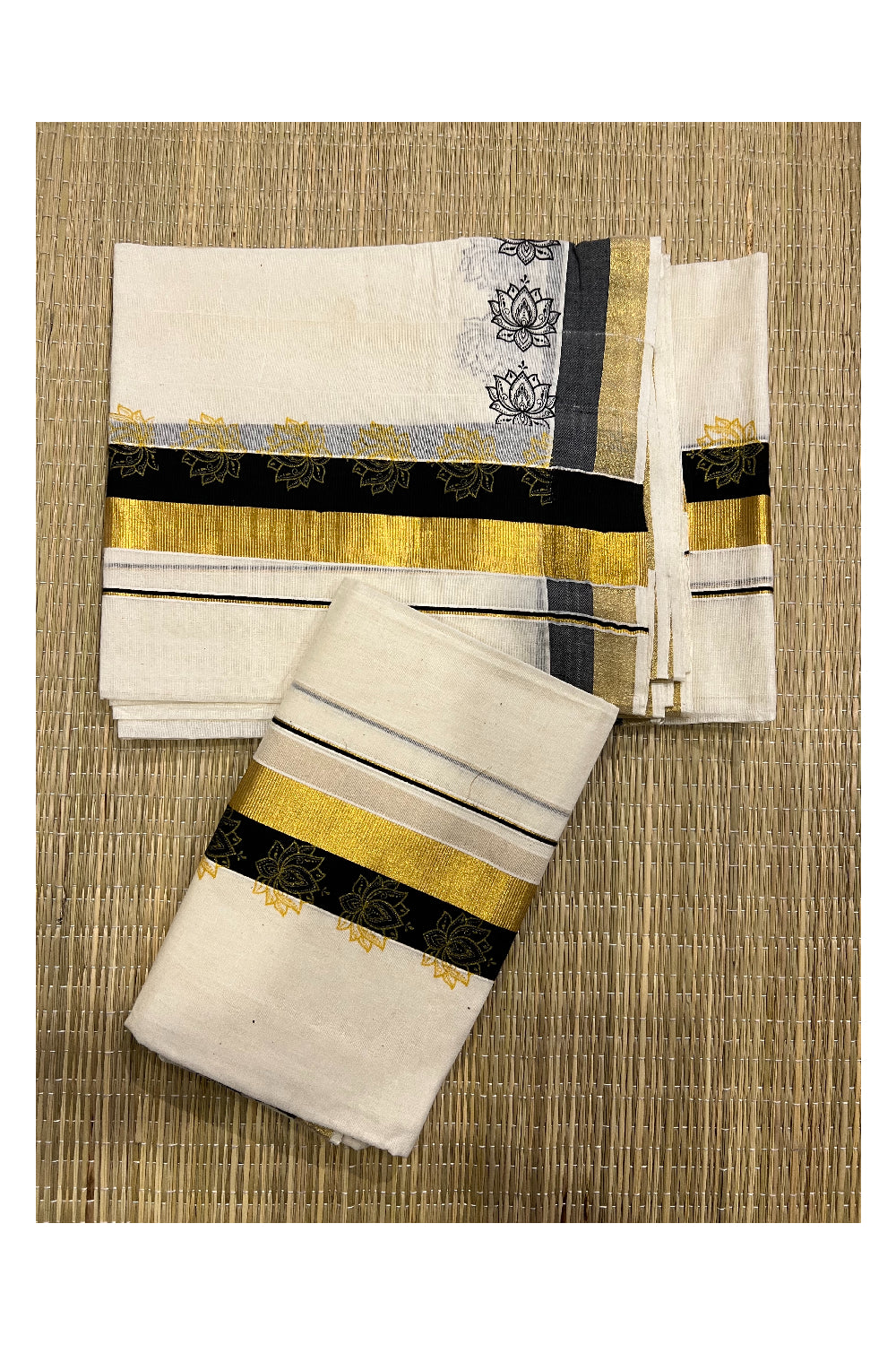 Kerala Cotton Kasavu Set Mundu (Mundum Neriyathum) with Black Floral Block Prints on Border 2.80 Mtrs