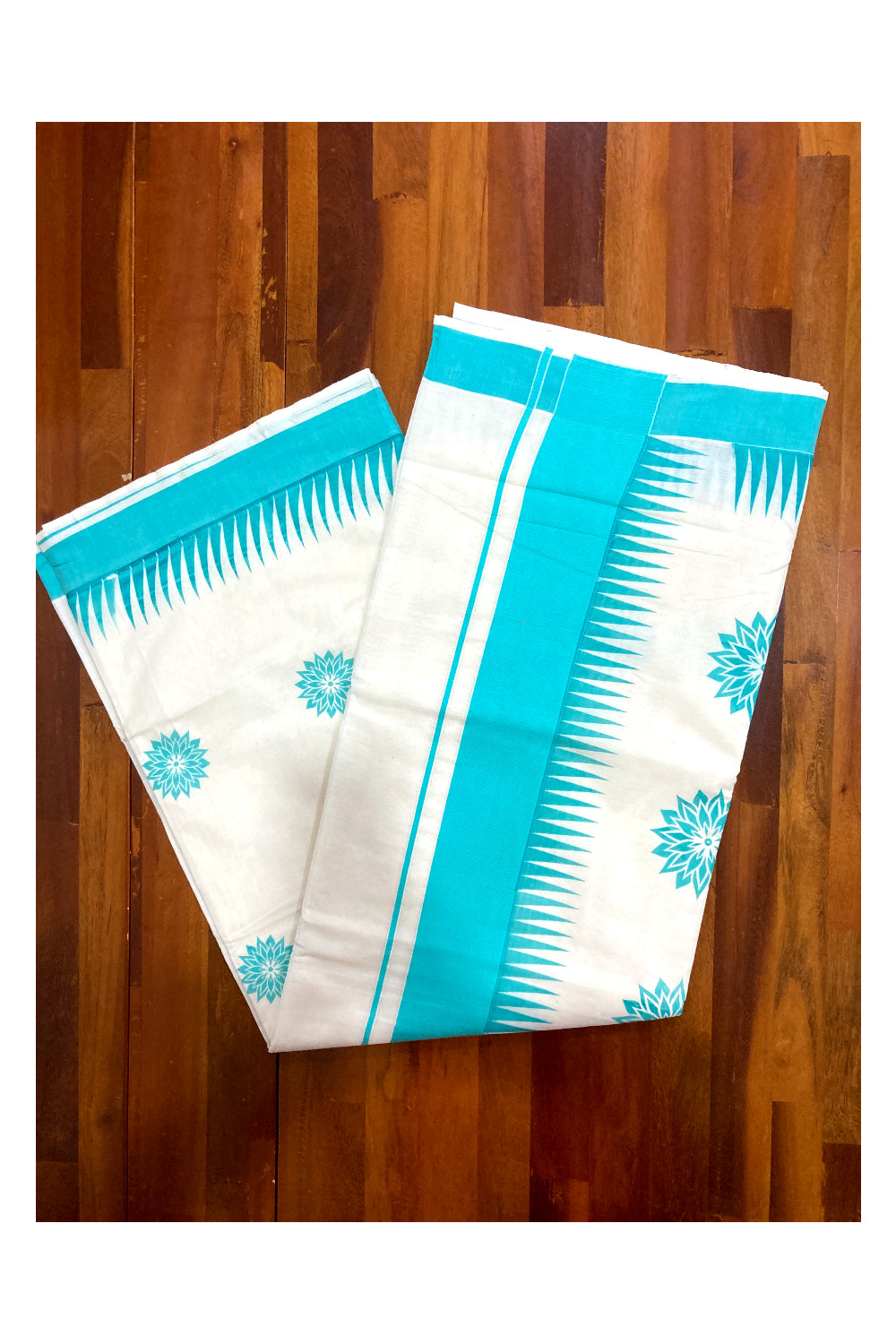 Pure Cotton Kerala Saree with Turquoise Block Printed Design