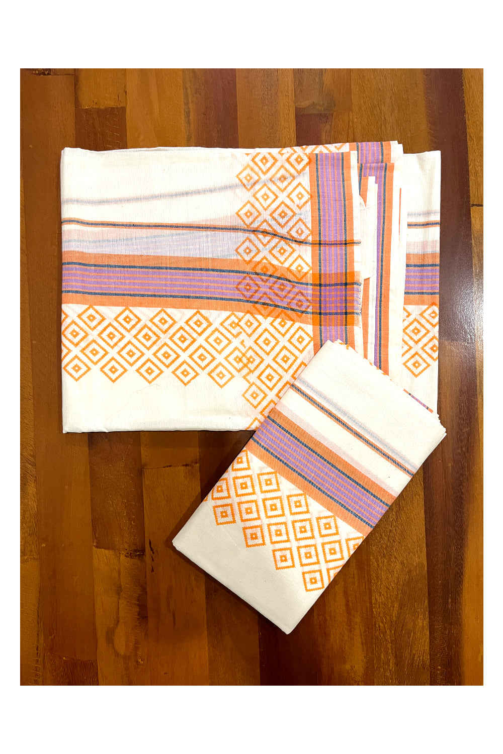 Kerala Cotton Mulloth Mundum Neriyathum Single (Set Mundu) with Orange Block Printed Border (Extra Soft Cotton)