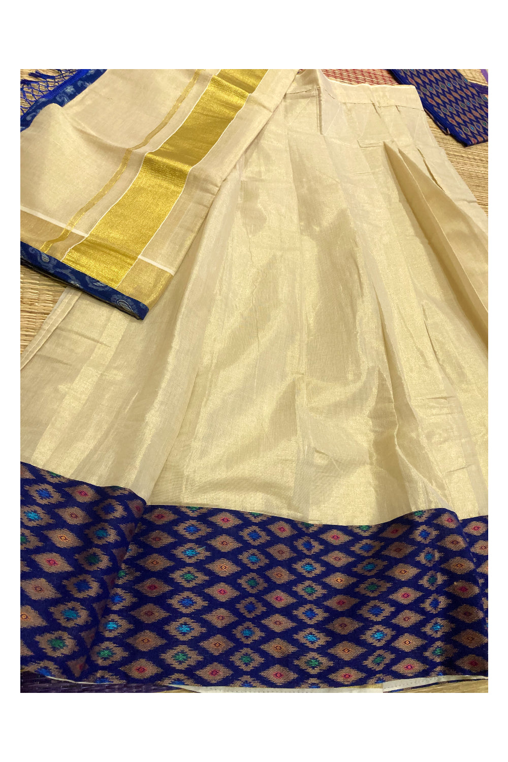 Semi Stitched Dhavani Set with Tissue Pavada and Blue Designer Blouse Piece