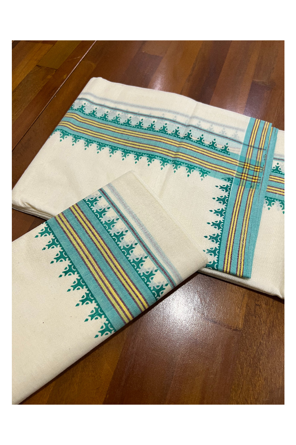 Kerala Cotton Mulloth Mundum Neriyathum Single (Set Mundu) with Turquoise Temple Block Prints on Yellow and Turquoise Border (Extra Soft Cotton)