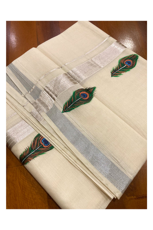 Off White Pure Cotton Double Mundu with Mural Prints on Silver Kasavu Kara (South Indian Dhoti)