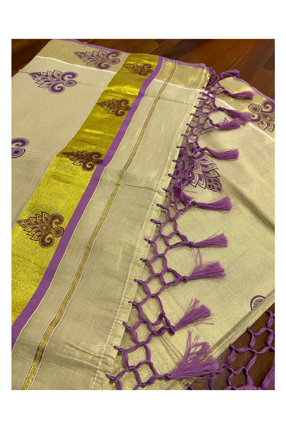 Kerala Tissue Kasavu Saree with Violet Block Printed Design and Tassels Work on Pallu