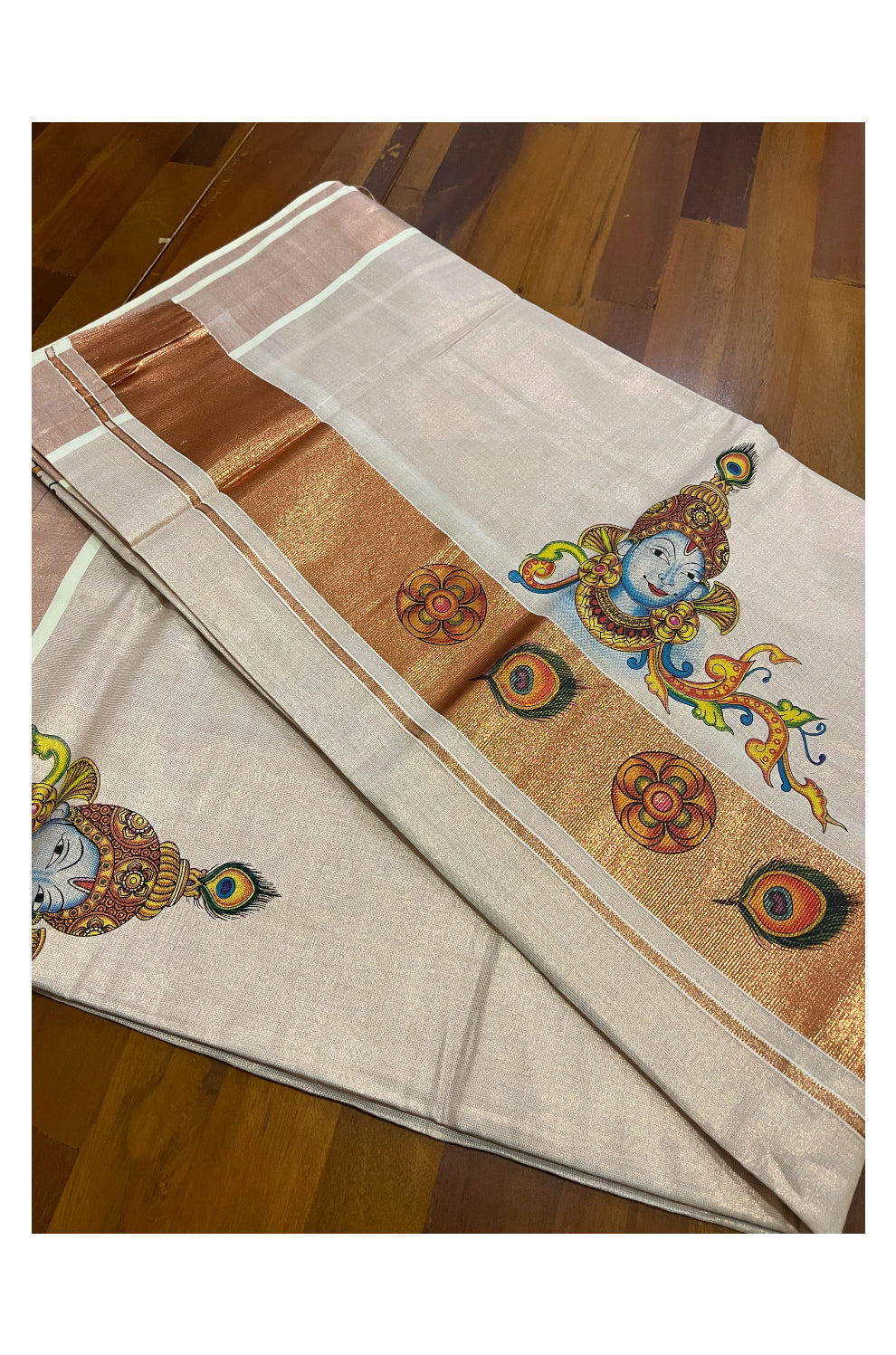 Kerala Copper Tissue Kasavu Saree With Mural Printed Krishna Design and Feather Prints on Border