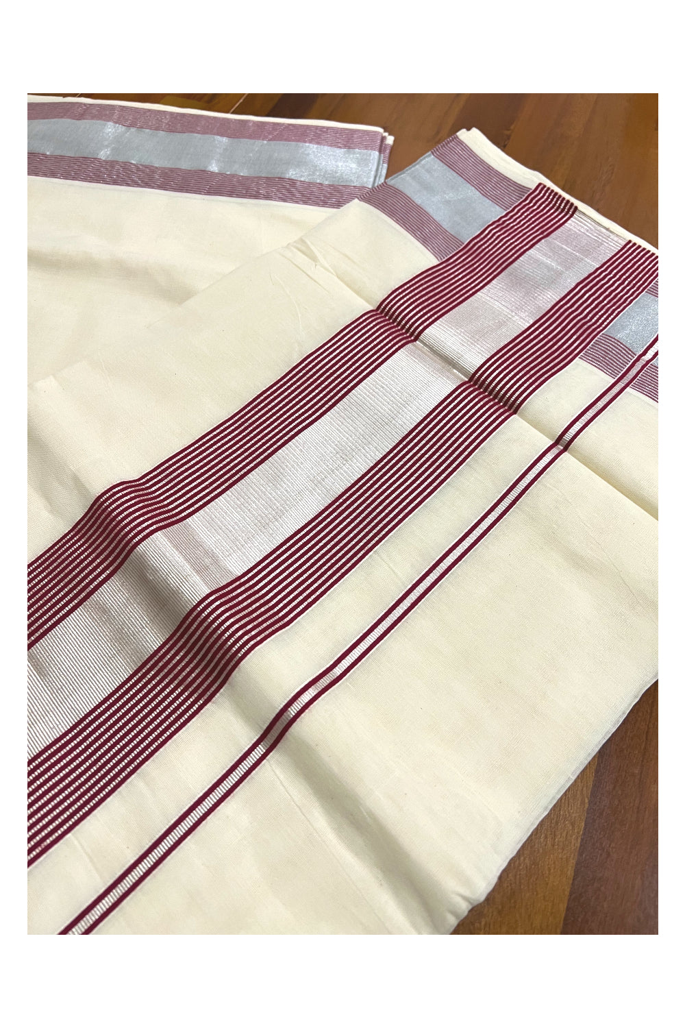 Pure Cotton Kerala Saree with Silver Kasavu and Maroon Line Border