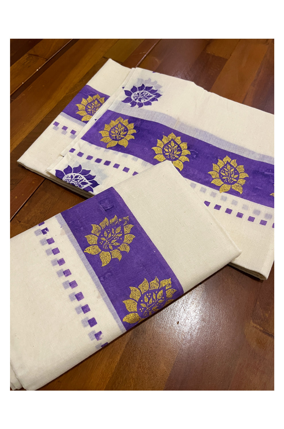 Kerala Cotton Set Mundu (Mundum Neriyathum) with Golden Floral Block Prints on Violet Border 2.80 Mtrs