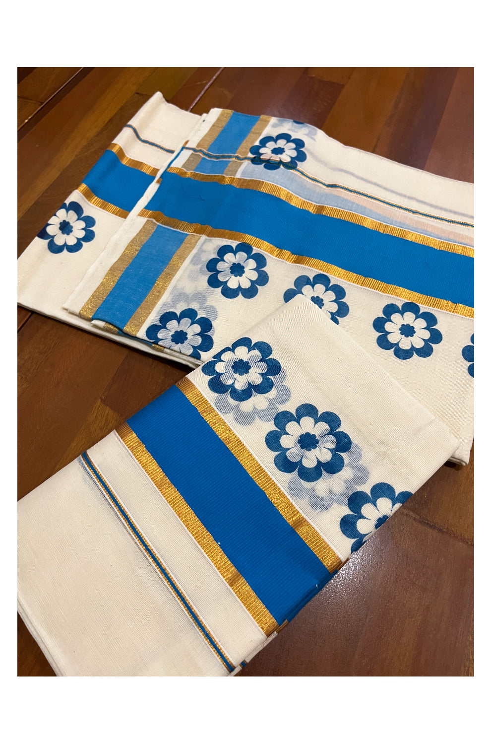 Pure Cotton Kasavu Single Set Mundu (Mundum Neriyathum Onam 2023) with Blue Floral Block Prints