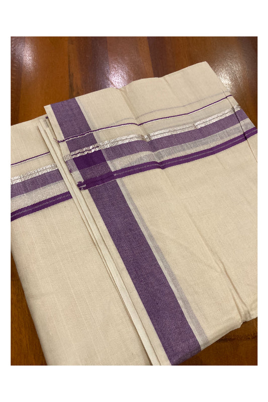 Pure Cotton Double Mundu with Violet and Silver Kasavu Border (South Indian Kerala Dhoti)