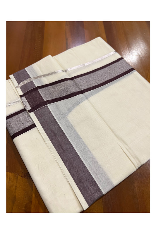 Pure Cotton Off White Double Mundu with Silver Kasavu and Dark Brown Border (South Indian Dhoti)