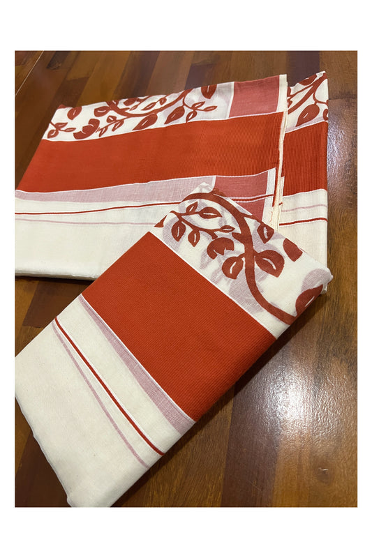 Southloom Original Design Single Set Mundu (Mundum Neriyathum Onam 2023) with Orange Floral Vines Block Prints 2.80 Mtrs