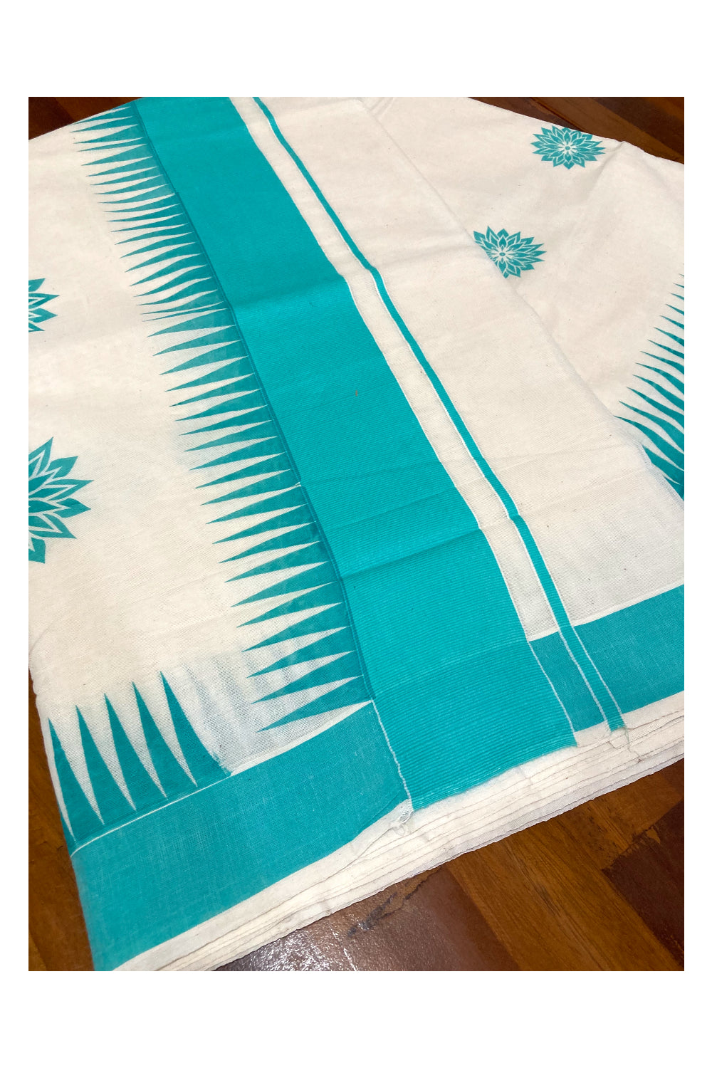 Pure Cotton Kerala Saree with Turquoise Block Printed Design