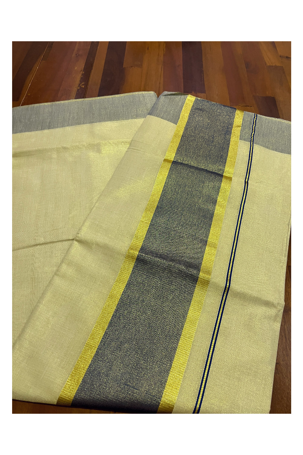 Kerala Tissue Kasavu Plain Saree with Blue and Kasavu Border