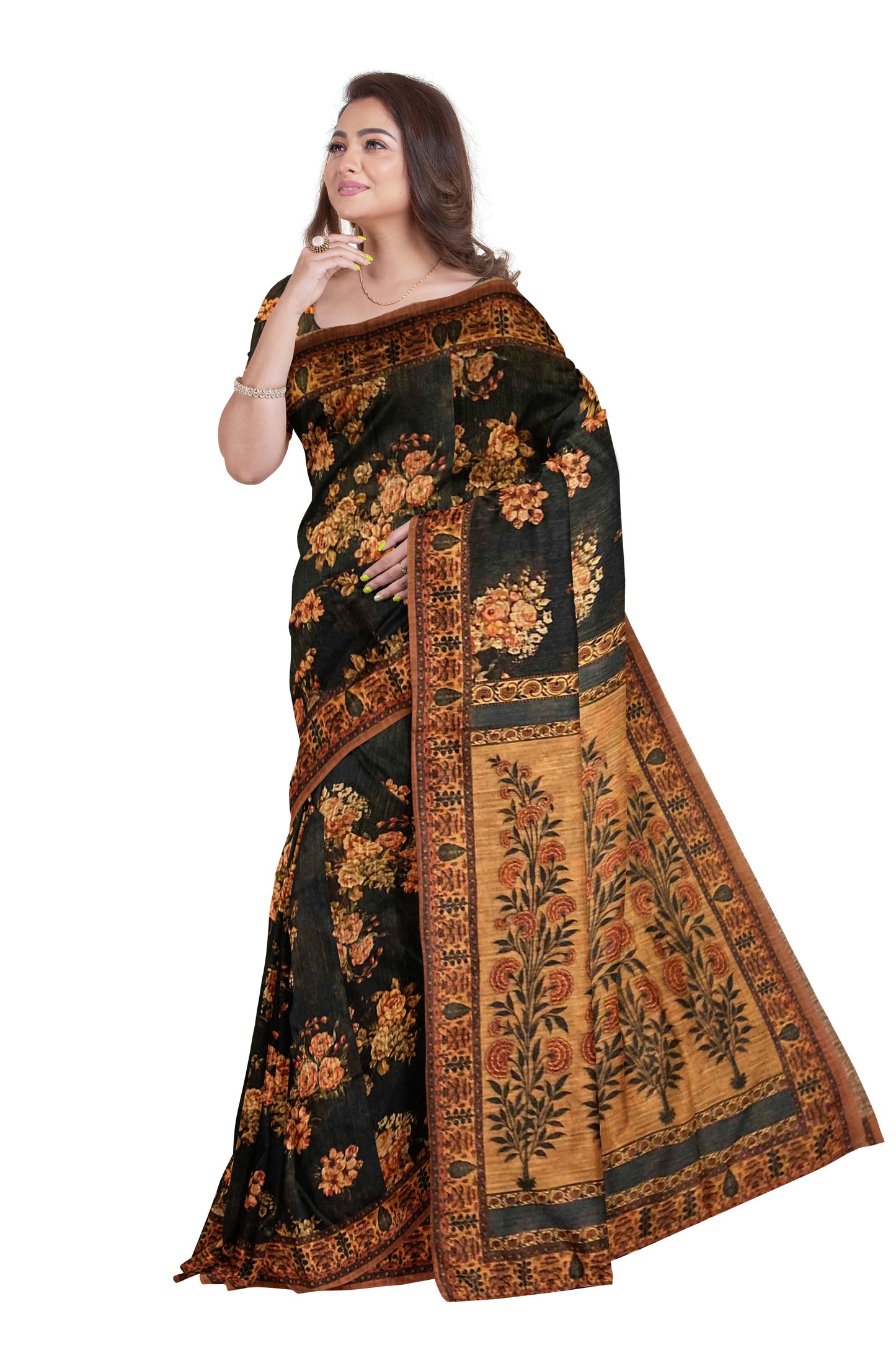 Southloom Semi Silk Black and Brown Floral work Designer Saree