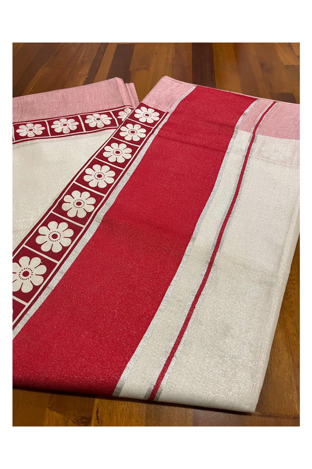 Kerala Silver Tissue Kasavu Red Floral Block Printed Saree