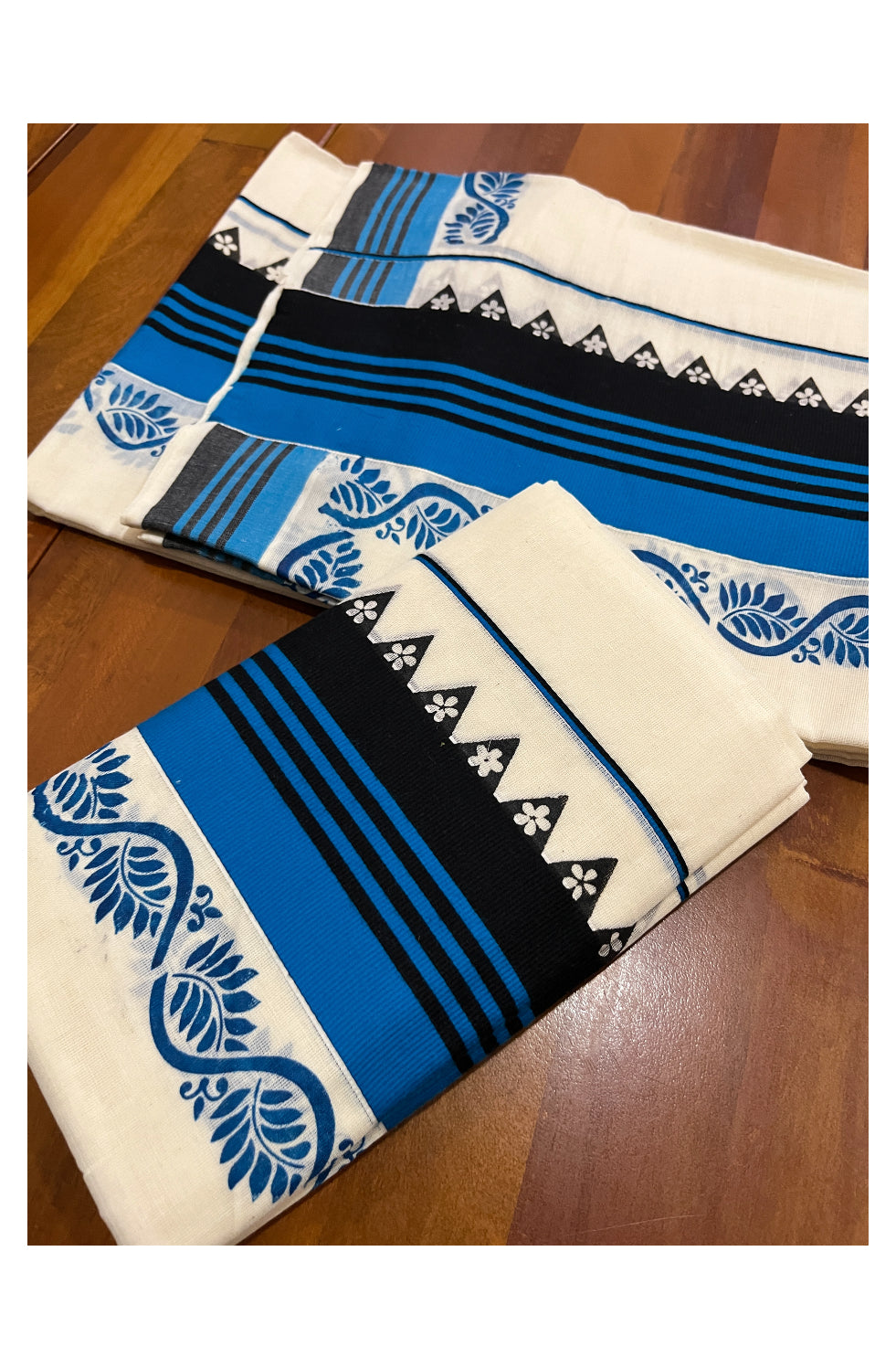 Kerala Cotton Set Mundu (Mundum Neriyathum) with Floral Prints on Blue Black Border