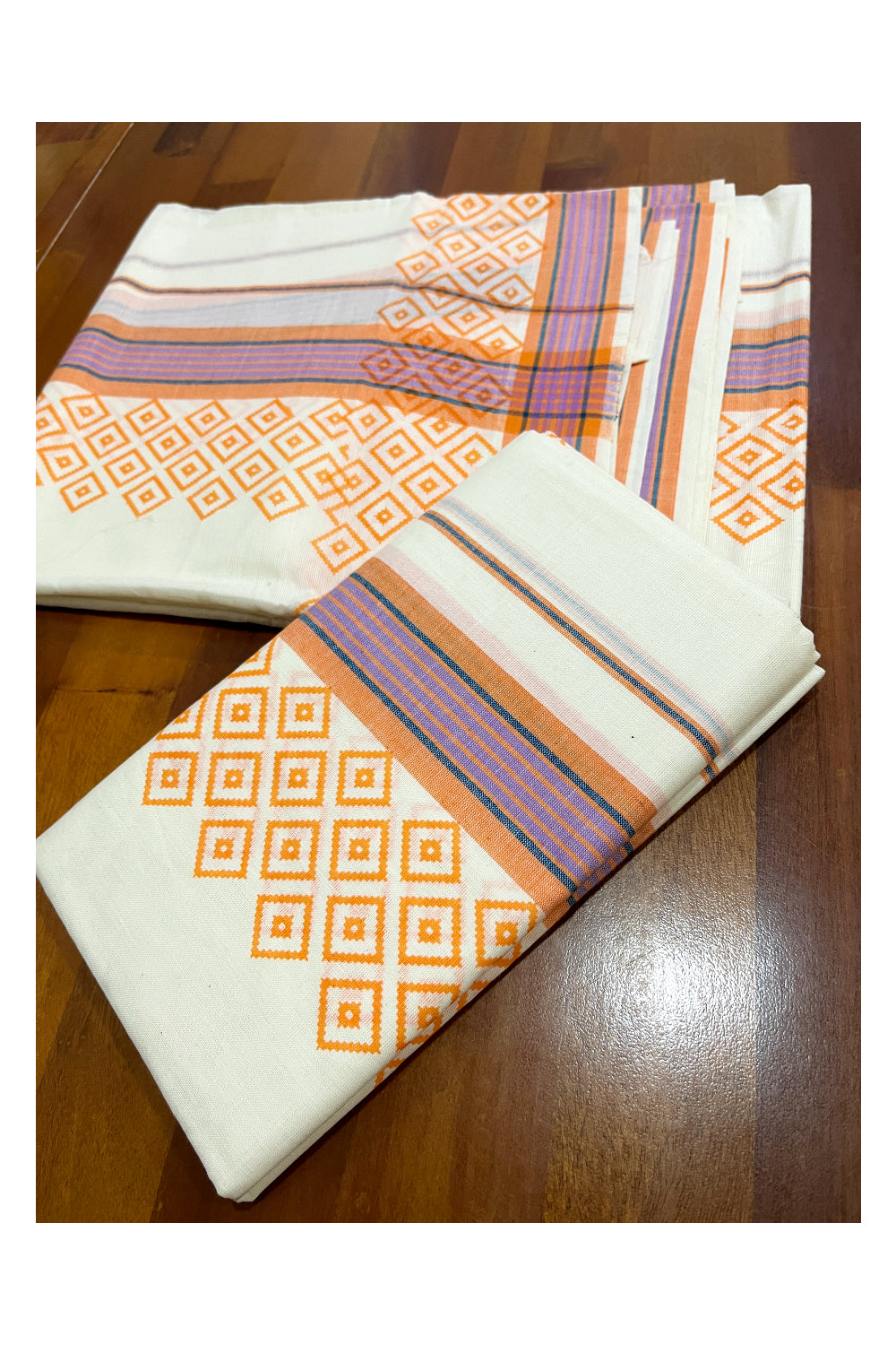 Kerala Cotton Mulloth Mundum Neriyathum Single (Set Mundu) with Orange Block Printed Border (Extra Soft Cotton)