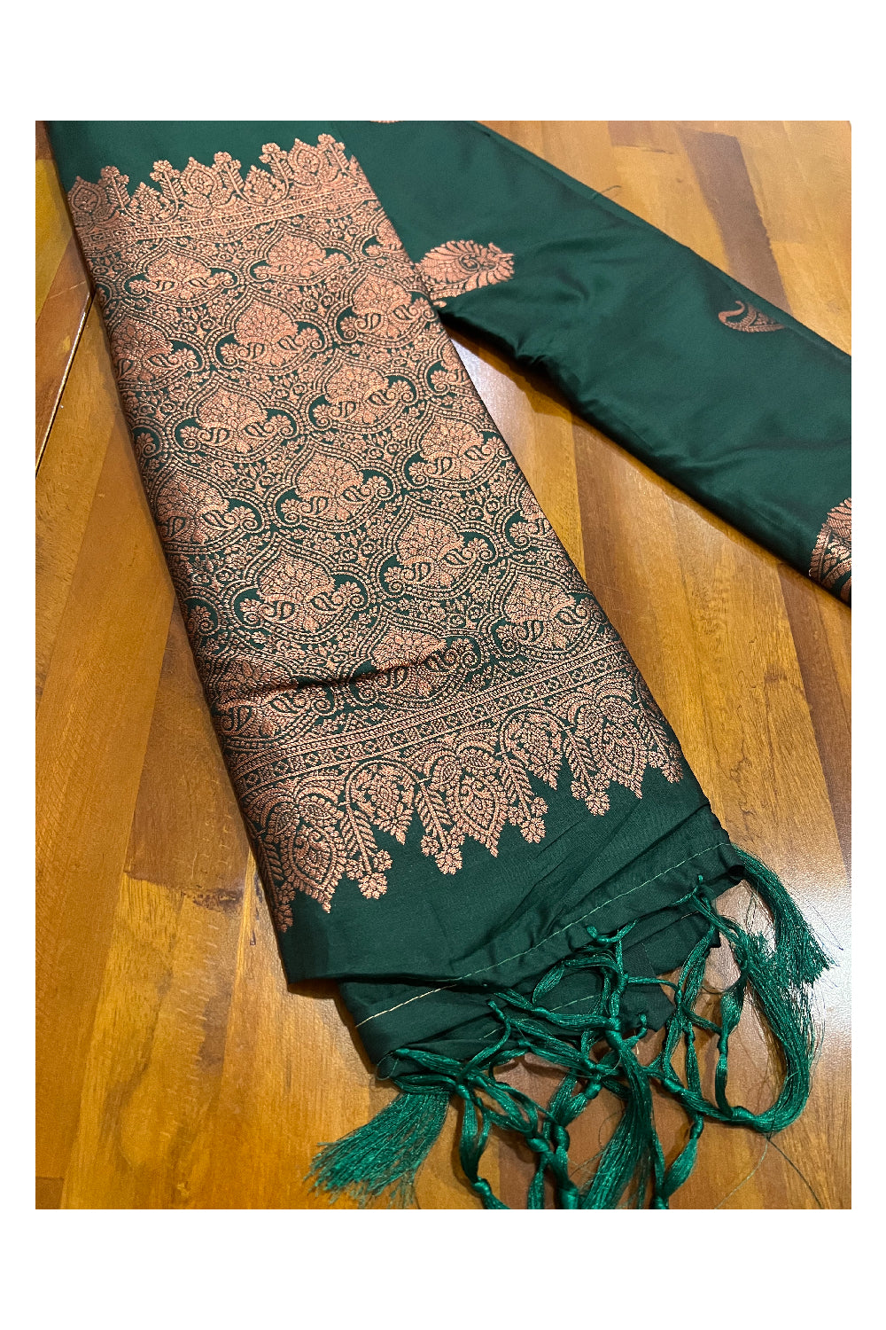 Southloom Dark Green Semi Silk Designer Saree with Copper Kasavu Woven Works on Body