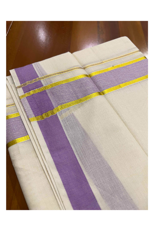 Off White Kerala Double Mundu with Kasavu and Violet Border (South Indian Dhoti)