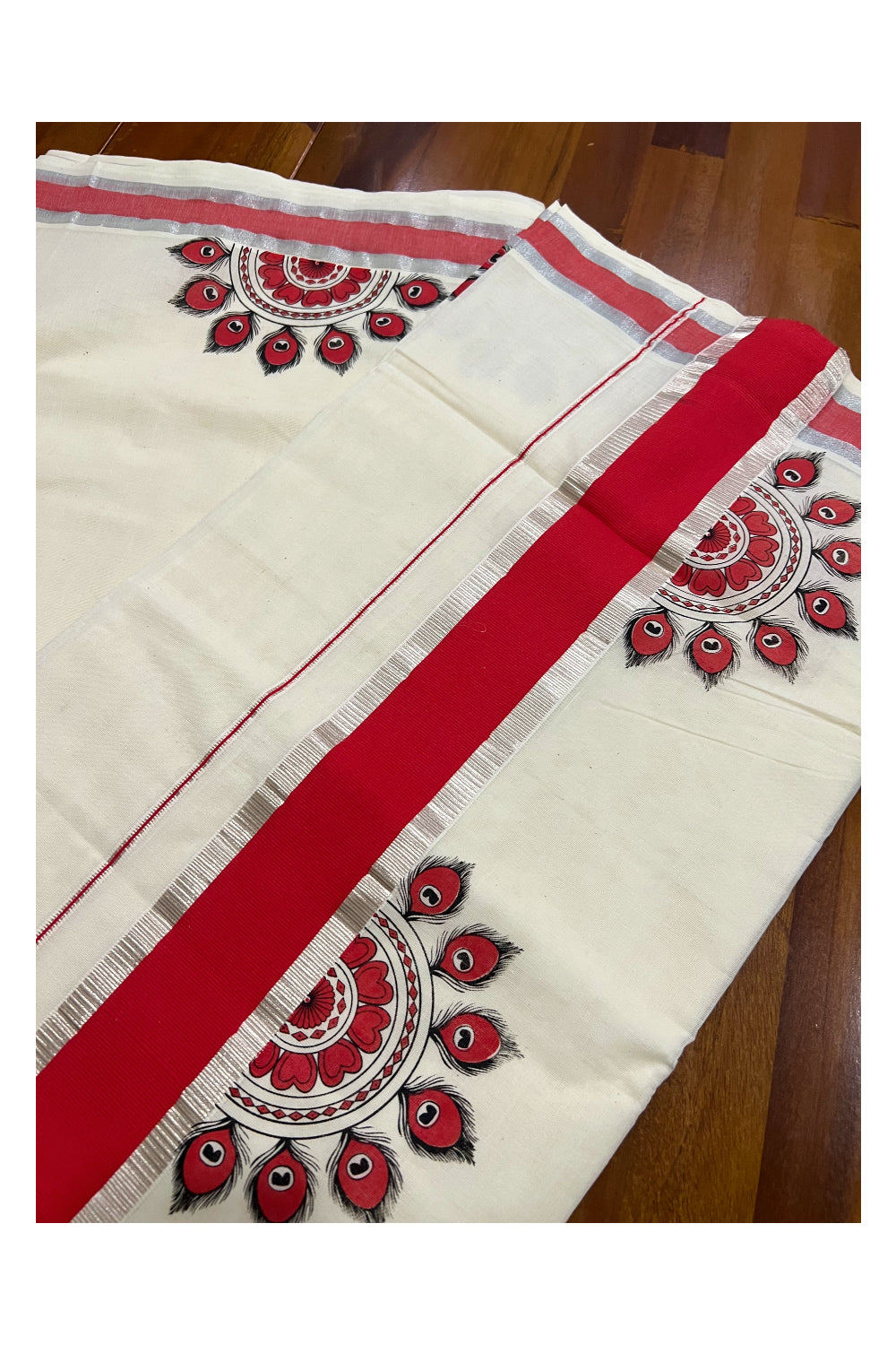 Pure Cotton Kerala Saree with Mural Printed Red Feather Semi Circle in Red and Silver Kasavu Border