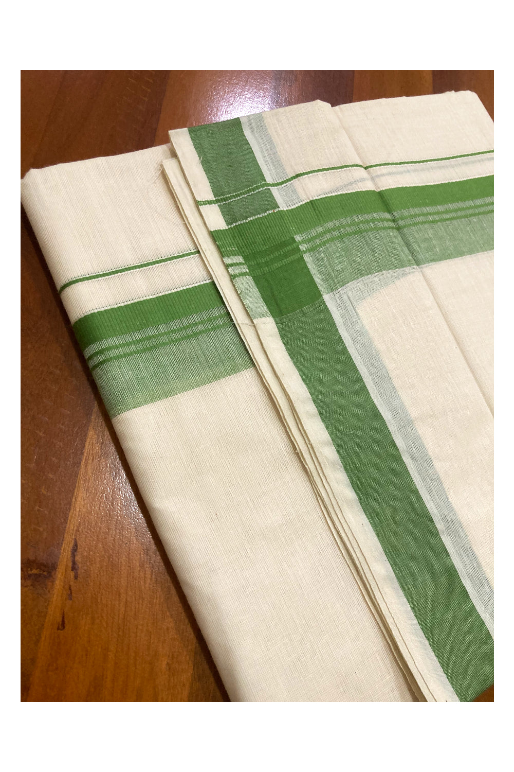 Off White Pure Cotton Double Mundu with Green Border (South Indian Dhoti)