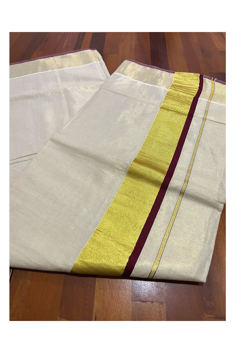 Kerala Kasavu Tissue Saree with Maroon Narrow Border