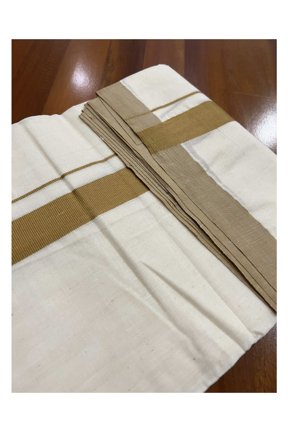 Off White Pure Cotton Double Mundu with Light Brown Kara (South Indian Dhoti)