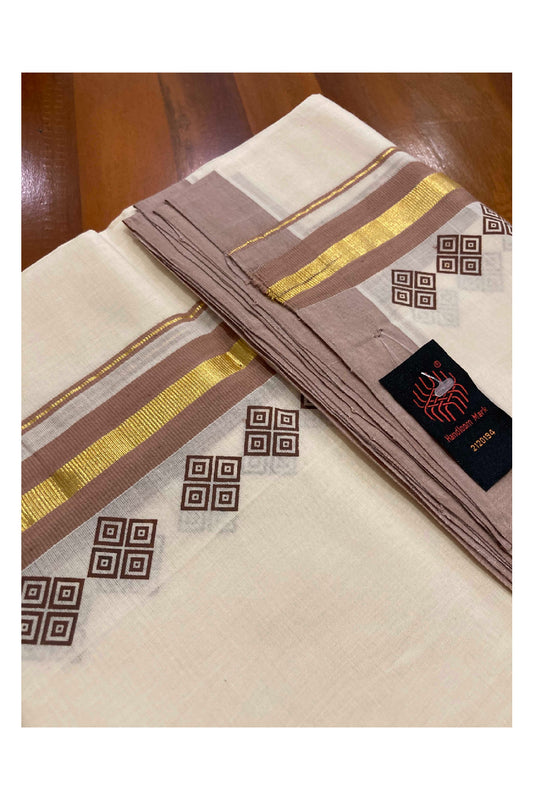 Southloom Balaramapuram Handloom Mundu with Light Brown and Kasavu Printed Border