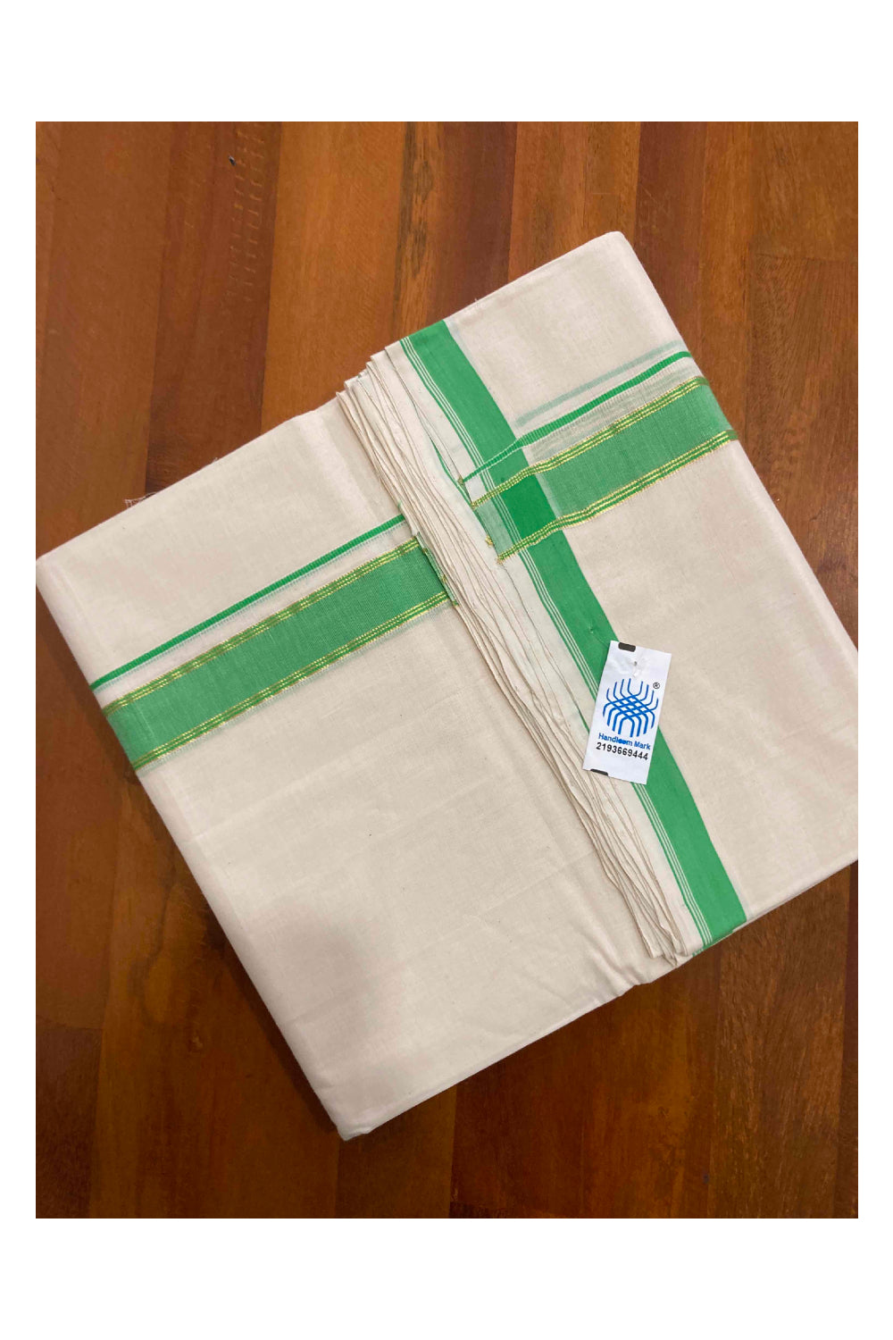 Southloom Handloom Premium Double Dhoti with Green and Kasavu Border