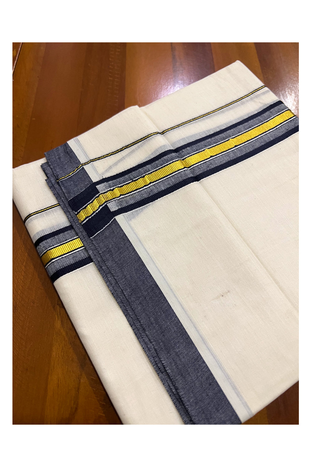 Off White Kerala Double Mundu with Kasavu and Navy Blue Border (South Indian Dhoti)