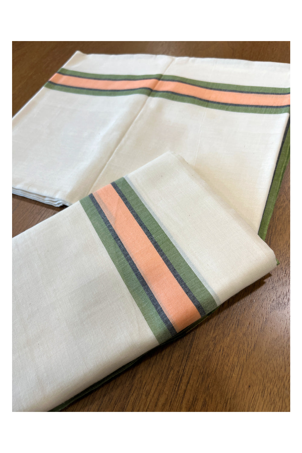 Kerala Cotton Mulloth Mundum Neriyathum Single (Set Mundu) with Green and Peach Border (Extra Soft Cotton) 2.80 Mtrs