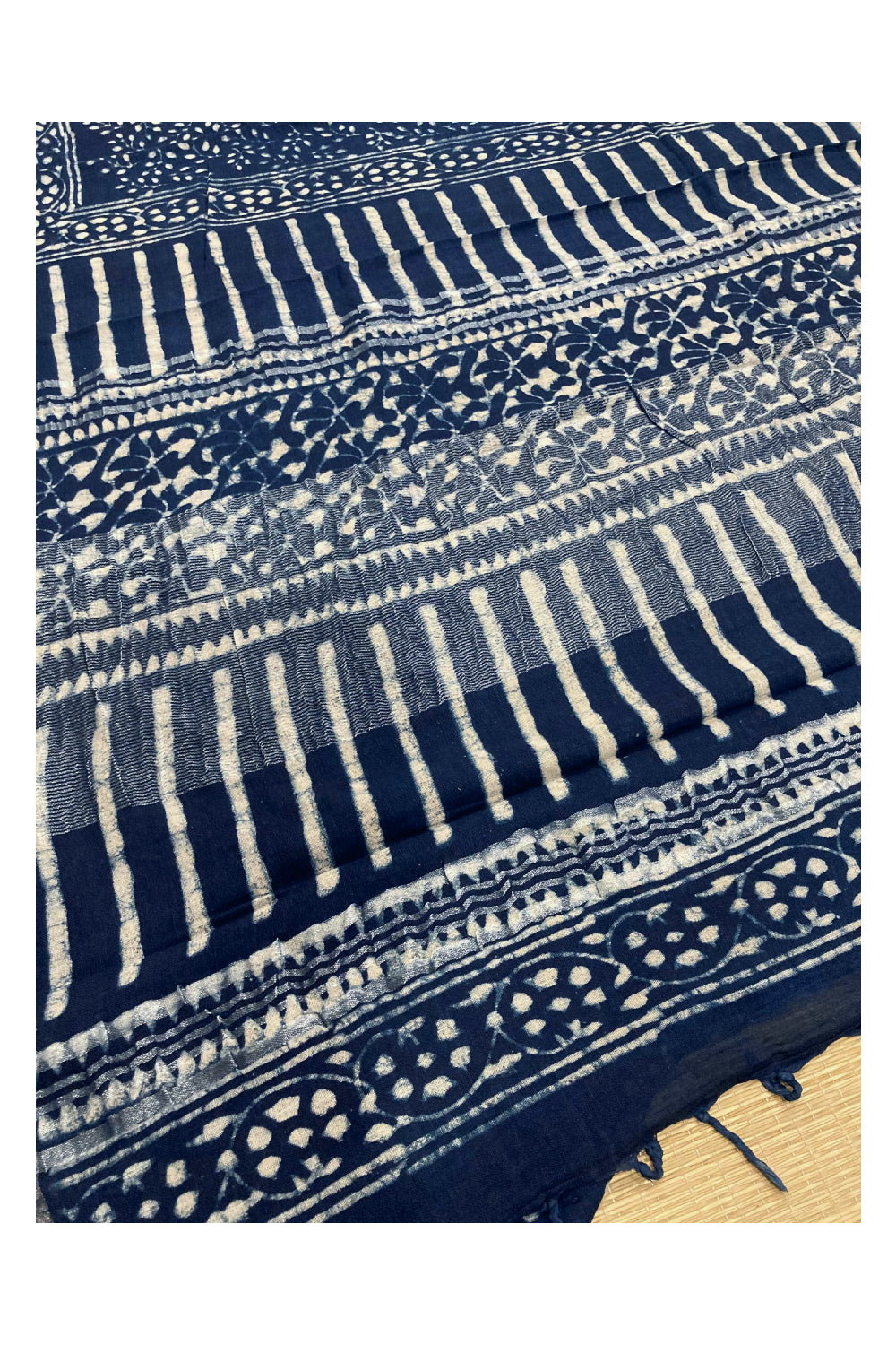 Southloom Linen Blue Designer Saree with White Leaves Patterns and Tassels